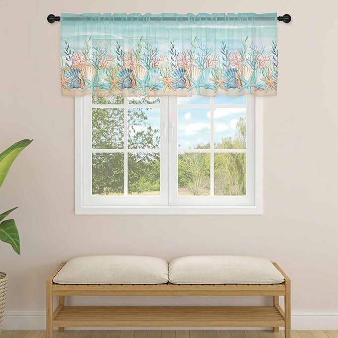 Summer Beach Sheer Valance Curtains, Green Ocean Colorful Coral Shell Seaweed Starfish Sandy Light Filtering Kitchen Valances Rod Pocket Voile Curtain for Bedroom/Living Room/Basement 42Wx18L