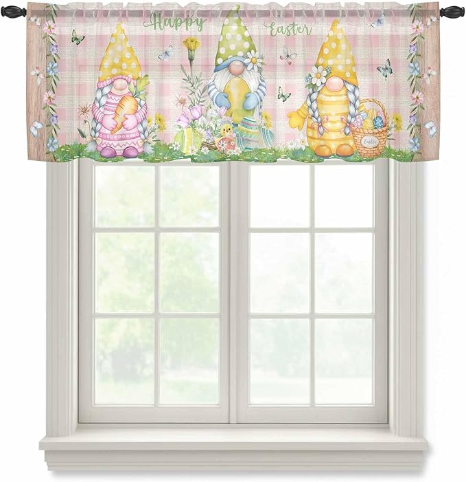 Happy Easter Sheer Valances for Windows 42"x18", Light Filtering Kitchen Curtains Valance, Spring Gnomes Duck Floral Eggs Pink Plaid Rod Pocket Chiffon Curtains for Living Room Bedroom Cafe