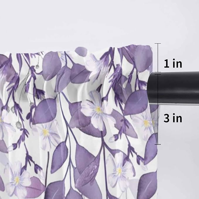 Eucalyptus Leaves Sheer Valance Curtains, Purple Leaves Idyllic Winds Farmhouses Light Filtering Kitchen Valances Rod Pocket Voile Curtain Window Treatment for Bedroom/Living Room/Basement 42Wx18L