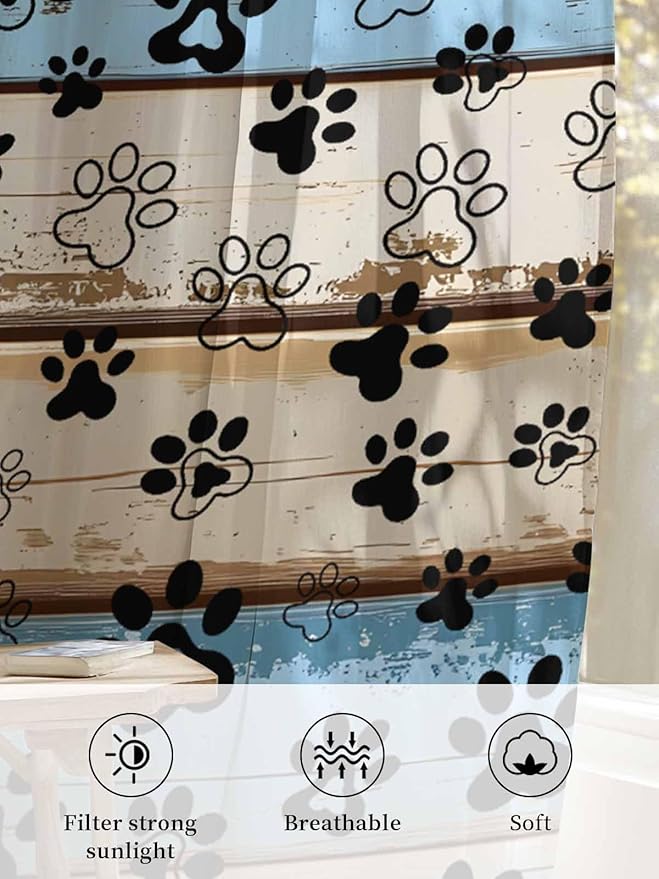 Sheer Curtains 63 Inch Length, Blue Brown Paw Prints Semi Sheer Curtains Light Filtering Window Treatment, Vintage Farmhouse Rustic Wooden Grain Privacy Voile Drapes for Living Room Bedroom 52x63 Inch