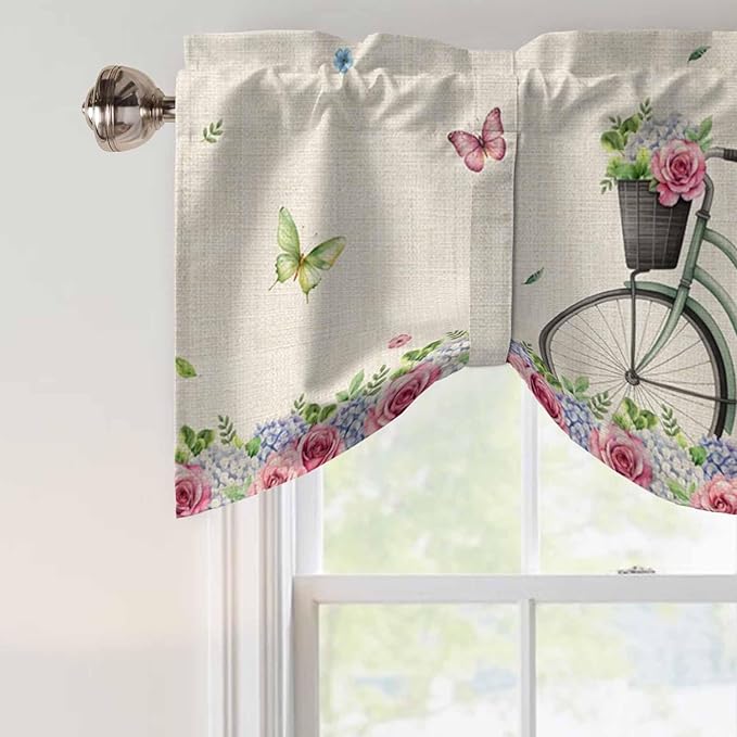 Farmhouse Spring Tie Up Valance Curtains for Windows, Kitchen Curtains Window Shades, Retro Bicycles Flowers Vines Butterfly Light Filtering Roman Curtain Valances for Bedroom/Bathroom/Cafe 60"x18"