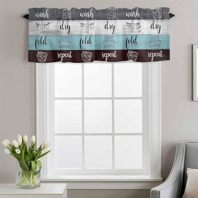 Laundry Rules Valances for Windows, Retro Blue White Wood Board Grain Kitchen Valance Light Filtering Rod Pocket Short Curtains for Kitchen Bathroom, 1 Panel, 56"x16"