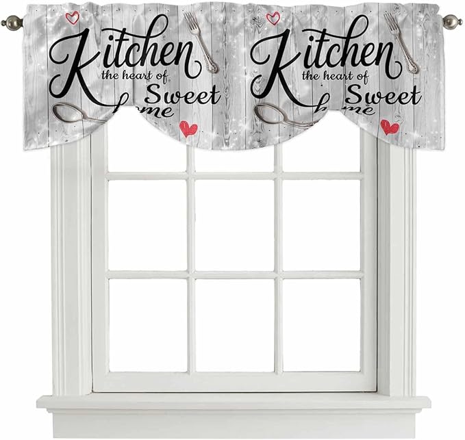 Kitchen Knife Fork Tie Up Valance Curtains for Windows, Kitchen Curtains Window Shades, Vintage Love Heart Grey Wood Grain Light Filtering Roman Curtain Valances for Bedroom/Bathroom/Cafe 42"x12"