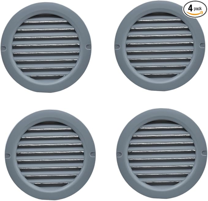 VENTS-US – 4" Round Vent Cover in Light Grey for Air Supply or Exhaust Air Applications - Built-in Insect Screen Mesh and Flange - Compatible with 4 Inch Diameter Ducts (4-Pack)