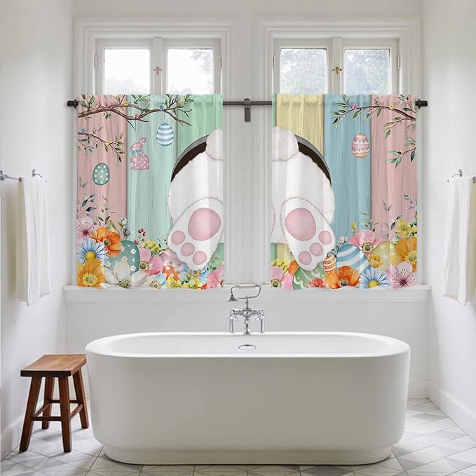 Easter Kitchen Curtains 54 Inch Long 2 Panel Set, Rod Pocket Window Curtains Panels, Spring Colorful Bunny Eggs Flower Wood Grain Light Filtering Drapery Draperies for Bathroom Bedroom 52"W x 54"L