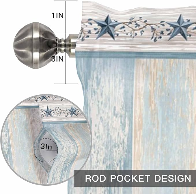 Blue Texas Star Valances for Windows, Vintage Star Berry Blue Beige Wood Grain Kitchen Valance Light Filtering Rod Pocket Short Curtains for Kitchen Bathroom, 1 Panel, 56"x16"