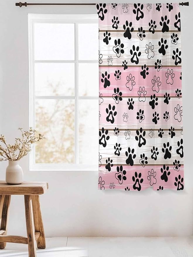 Sheer Curtains 72 Inches Long, Pink Beige Paw Print Semi Sheer Curtains Light Filtering Window Treatment, Vintage Farmhouse Country Wooden Grain Privacy Voile Drapes for Living Room Bedroom 52x72 Inch