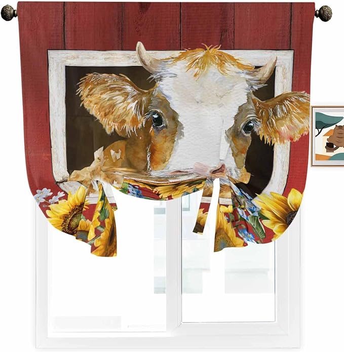Tie Up Curtains for Windows, Cows Sunflowers Adjustable Balloon Nature Linen Textured Kitchen Curtain, Spring Floral Bees Farmhouse Barn Tie Up Light Filtering Curtains for Decor, 34 x 45 in