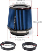 3" 3.5" 4" Inlet Car Replacement Cold Air Intake Filter 76mm 89mm 102mm 3 Sizes in 1 High Flow Performance Cone Air Filter (Blue)