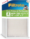 Filtrete 15x20x1 AC Furnace Air Filter, MPR 700, MERV 8, Tough on Pollen, Easy on Airflow, 3-Month Pleated 1-Inch Electrostatic Air Cleaning Filter, 4-Pack (Actual Size 14.81 x 19.81 x 0.81 in)