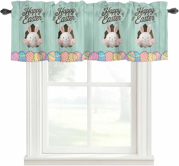 Green Easter Curtain Valances for Windows, Kitchen Valance Window Treatment, Spring Cartoon Bunny Colorful Eggs Wood Grain Light Filtering Block Curtains for Bathroom/Bedroom/Living Room 60'' x 18''