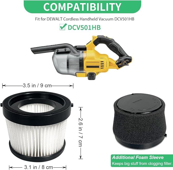 2 Pack DCV5011H HEPA Filter Compatible with DEWALT DCV501HB Cordless Handheld Vacuum, with 4 Foam Sleeve Filters & 1 Brush