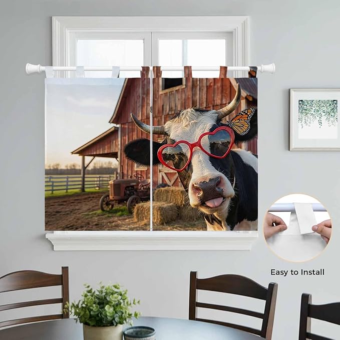 Farm Cows Kitchen Curtains 45 Inch Length, Short Cafe Window Curtains Tab Top, Farmhouse Barn Funny Animals Butterfly Light Filtering Window Treatments Tier Drapes 27.5"x45" 2 Panel