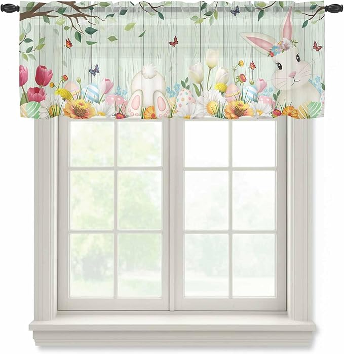 Easter Sheer Valances for Windows 42"x18", Light Filtering Kitchen Curtains Valance, Spring Watercolor Bunny Eggs Tulip Wooden Grain Teal Rod Pocket Chiffon Curtains for Living Room Bedroom Cafe