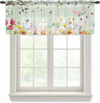 Easter Sheer Valances for Windows 42"x18", Light Filtering Kitchen Curtains Valance, Spring Watercolor Bunny Eggs Tulip Wooden Grain Teal Rod Pocket Chiffon Curtains for Living Room Bedroom Cafe