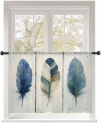 Sheer Curtains 54 Inch Length, Boho Blue Feathers Semi Sheer Curtains Light Filtering Window Treatment, Farmhouse Vintage Wooden Grain Privacy Voile Drapes for Living Room Bedroom 52x54 Inch