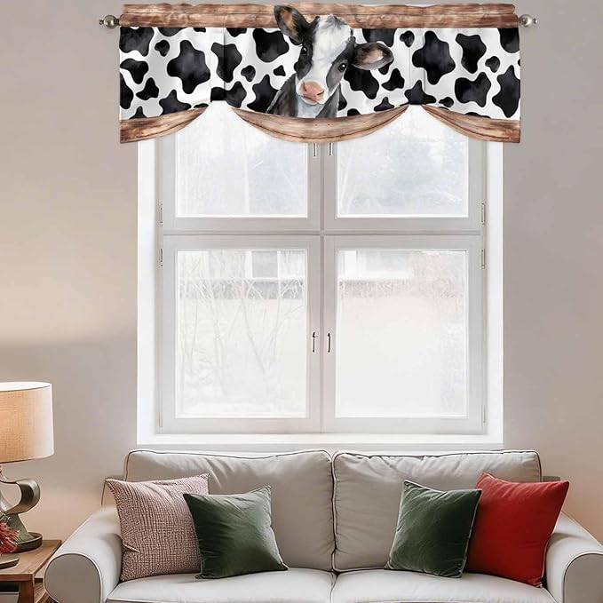 Cow Printed Tie Up Valance Curtains for Windows, Kitchen Curtains Window Shades, Farmhouse Watercolor Country Wooden Grain Light Filtering Roman Curtain Valances for Bedroom/Bathroom/Cafe 42"x12"