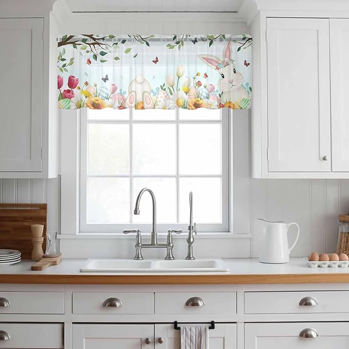 Easter Sheer Valances for Windows 60"x18", Light Filtering Kitchen Curtains Valance, Spring Watercolor Bunny Eggs Tulip Flower Plant Rod Pocket Chiffon Curtains for Living Room Bedroom Cafe