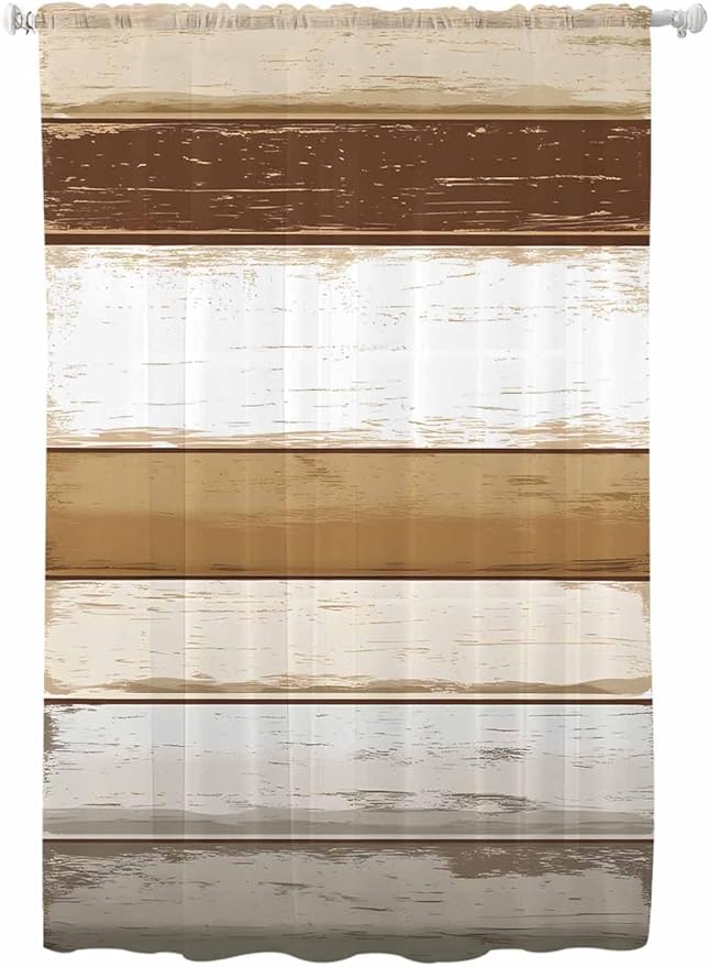 Sheer Curtains 63 Inch Length, Brown Wood Grain Semi Sheer Curtains Light Filtering Window Treatment, Vintage Country Geometric Striped Privacy Voile Drapes for Living Room Bedroom 52x63 Inch
