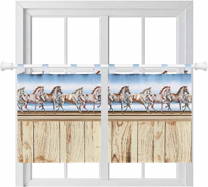 Western Horse Kitchen Curtains 36 Inch Length, Small Window Curtains Tab Top, Farmhouse Wooden Grain Vintage Cowboy Barn Door Light Filtering Short Window Treatments Tier Drapes 27.5"x36" 2 Panel
