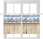 Western Horse Kitchen Curtains 36 Inch Length, Small Window Curtains Tab Top, Farmhouse Wooden Grain Vintage Cowboy Barn Door Light Filtering Short Window Treatments Tier Drapes 27.5"x36" 2 Panel