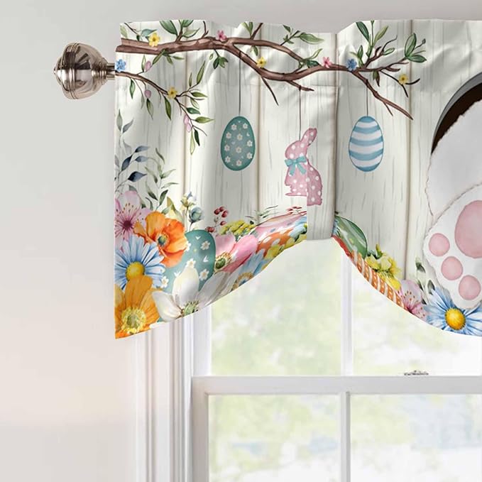 Easter Tie Up Valance Curtains for Windows, Kitchen Curtains Window Shades, Spring Farmhouse Watercolor Bunny Eggs Wood Grain Light Filtering Roman Curtain Valances for Bedroom/Bathroom/Cafe 54"x18"