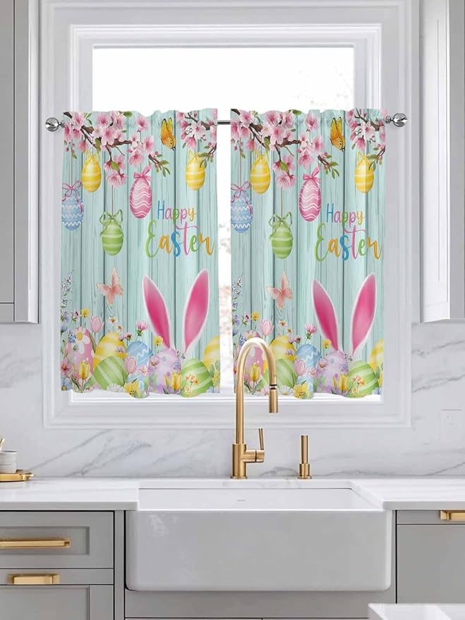 Happy Easter Kitchen Curtains 54 Inches Length, Spring Bunny Eggs Flower Teal Wood Grain Window Treatment Curtain Drapes, Decorative Window Curtains for Bedroom Cafe, 52"x54", 2 Panels