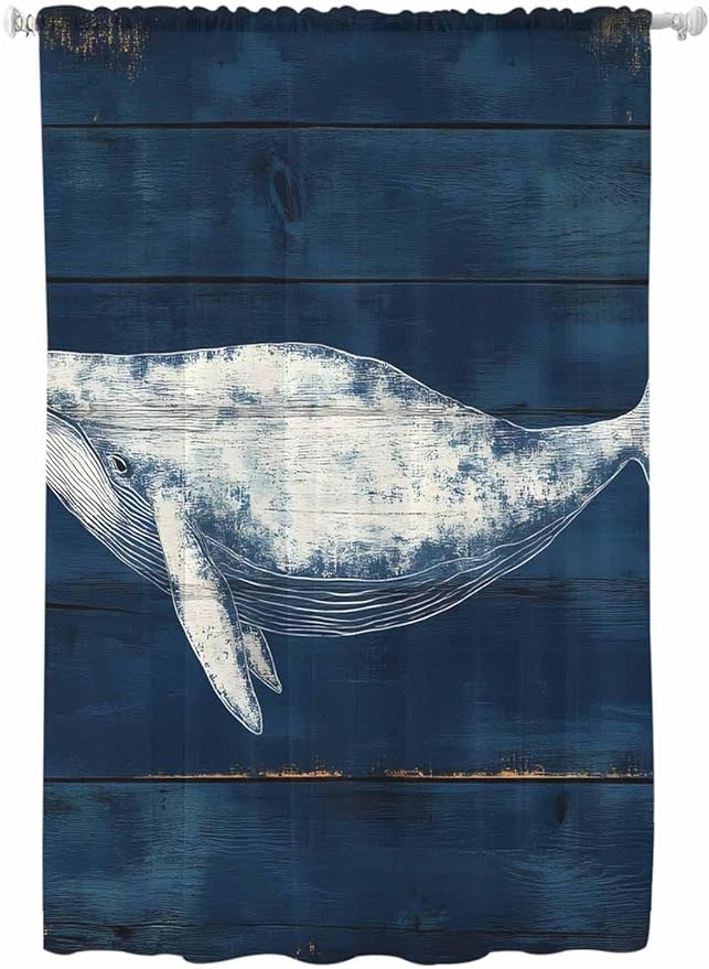 Sheer Curtains 63 Inch Length, Summer Whale Semi Sheer Curtains Light Filtering Window Treatment, Ocean Watercolor Wooden Grain Blue Privacy Voile Drapes for Living Room Bedroom 52x63 Inch