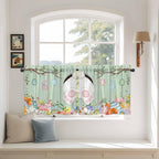 Easter Kitchen Tier Curtains 24 Inch Long 2 Panel Set,Rod Pocket Cafe Small Window Curtains Over Sink,Spring Watercolor Bunny Eggs Wooden Grain Green Light Filtering Short Drapes 27.5"W x 24"L