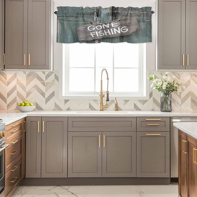 Gone Fishing Valances for Windows, Bronze Wood Grain Kitchen Valance Light Filtering Rod Pocket Short Curtains for Kitchen Bathroom, 1 Panel, 60"x18"