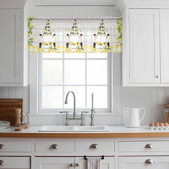 Lemon Dwarfs Sheer Valance Curtains, Gnome Green Leaf Wood Striped Black Plaid Light Filtering Kitchen Valances Rod Pocket Voile Curtain Window Treatment for Bedroom/Living Room/Basement 42Wx18L