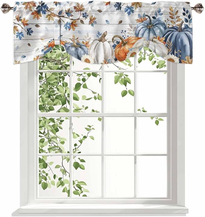 Thanksgiving Pumpkin Tie Up Valance Curtains for Windows, Kitchen Curtains Window Shades, Fall Maple Leaf Daisy Wooden Grain Light Filter Roman Curtain Valances for Bedroom/Bathroom/Cafe 60'' x 18''