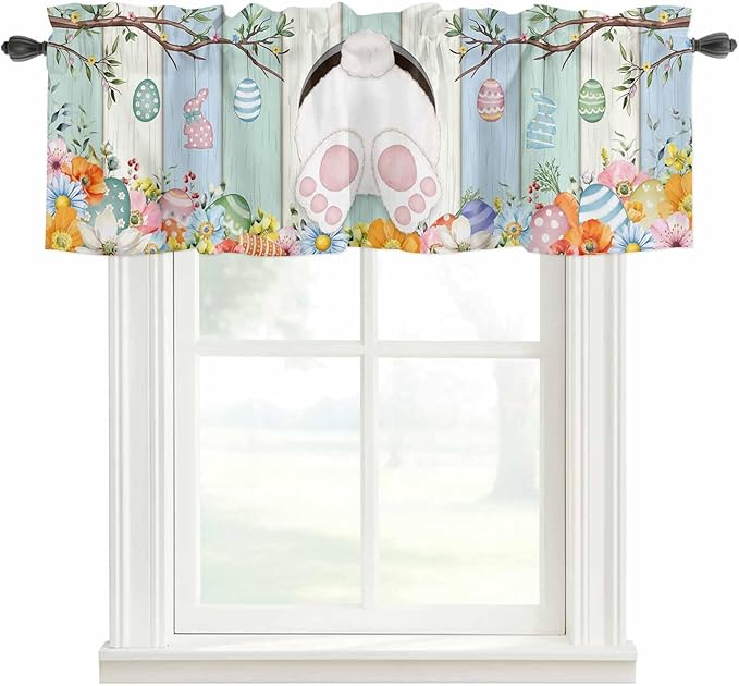 Easter Curtain Valances for Windows, Kitchen Valance Window Treatment, Spring Watercolor Bunny Eggs Wood Grain Teal Blue Light Filtering Block Curtains for Bathroom/Bedroom/Living Room 60'' x 18''