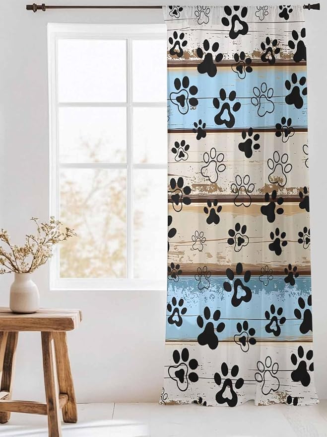 Sheer Curtains 108 Inches Long, Blue Brown Paw Prints Semi Sheer Curtains Light Filtering Window Treatment, Vintage Farmhouse Rustic Wooden Grain Privacy Voile Drapes for Living Room 52x108 Inch