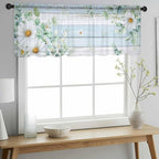 Daisy Eucalyptus Leaves Sheer Valance Curtains, Blue Wood Grain Spring Countryside Light Filtering Kitchen Valances Rod Pocket Voile Curtain Window Treatment for Bedroom/Living Room/Basement 42Wx12L