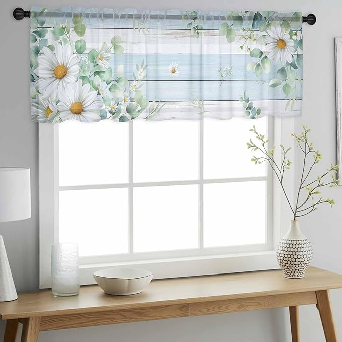 Daisy Eucalyptus Leaves Sheer Valance Curtains, Blue Wood Grain Spring Countryside Light Filtering Kitchen Valances Rod Pocket Voile Curtain Window Treatment for Bedroom/Living Room/Basement 60Wx18L