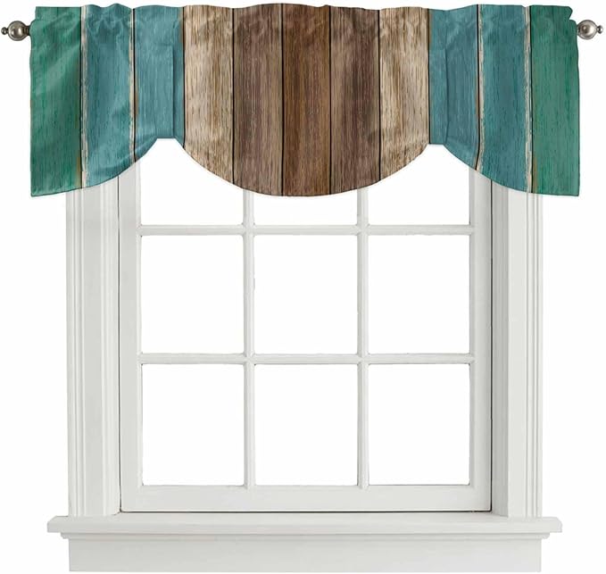 Teal Blue Brown Tie Up Valance Curtains for Windows, Kitchen Curtains Window Shades, Farmhouse Retro Wooden Grain Stripes Light Filtering Roman Curtain Valances for Bedroom/Bathroom/Cafe 42"x18"