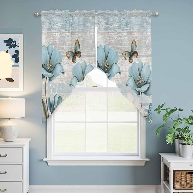Spring Floral Swag Valances for Windows, Vintage Tulips Flower Butterfly Retro Wood Blue Rod Pocket Kitchen Curtains Valance, Small Window Curtains Swag for Cafe Living Room, 2 Panels, 36x36 inch