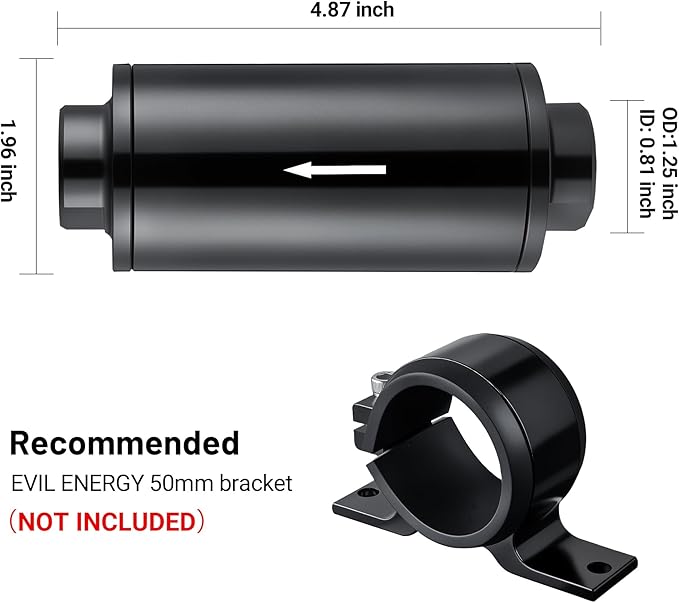 EVIL ENERGY Inline Fuel Filter 100 Micron with Barb 1/2", 3/8", 5/16" Fitting Adapter 50MM Universal Aluminum Black, for Gasoline, Diesel, Rubber Fuel Line, Car EFI & Carb Fuel Systems