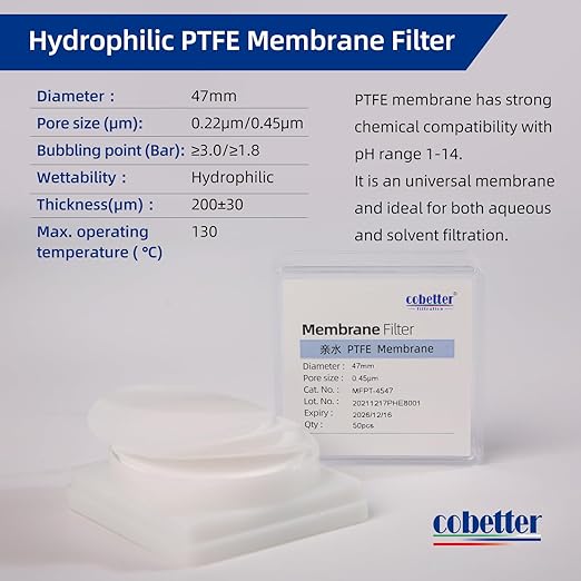100 Pieces/Pack PTFE Disc Membrane Filters Hydrophilic 47mm Diameter 0.22µm Pore Size