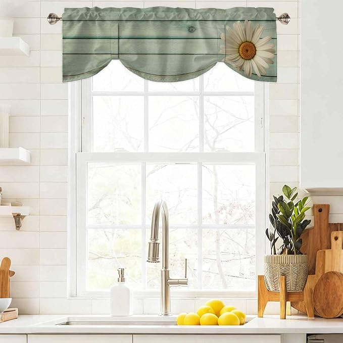 Daisy Flower Tie Up Valance Curtains for Windows, Kitchen Curtains Window Shades, Modern Art Floral Farmhouse Teal Wooden Grain Light Filtering Roman Curtain Valances for Bedroom/Bathroom/Cafe 42"x18"