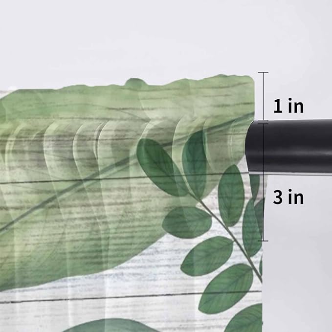 Summer Palm Leaf Sheer Valance Curtains, Green Tropical Plants Nature Leaves Wood Grain Light Filtering Kitchen Valances Rod Pocket Voile Curtain Treatment for Bedroom/Living Room/Basement 42Wx12L