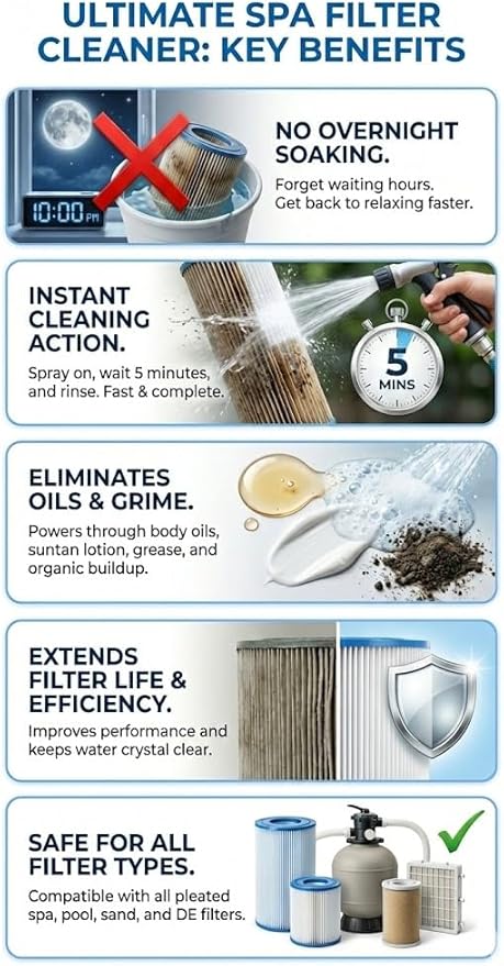 Ultimate Spa & Pool Filter Cleaner Spray, Professional Strength Fast Acting No Soak Hot Tub, Cartridge & Sand Filter Cleaning, Removes Body Oils, Sunscreen, Grease & Organic Build-Up (4 gallons)
