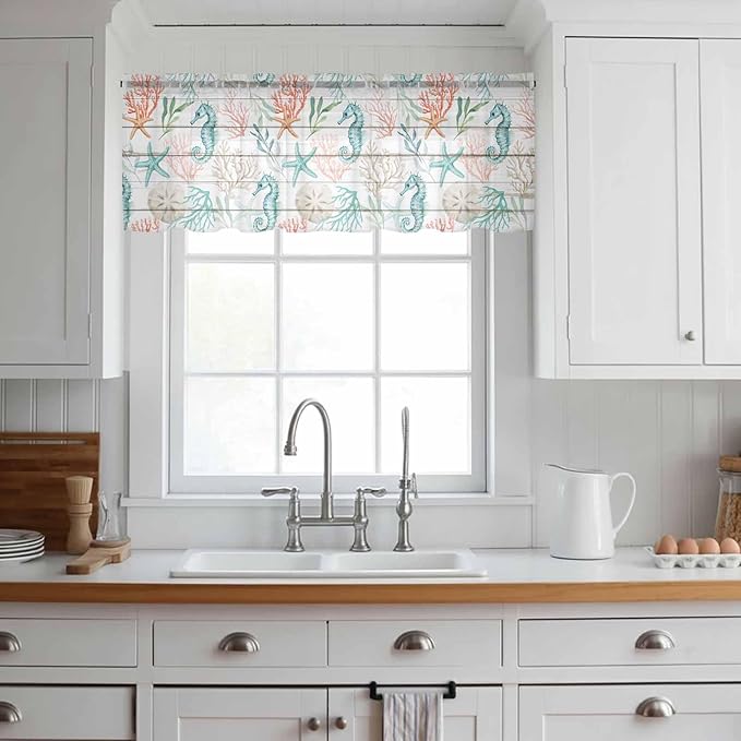 Teal Seahorse Starfish Sheer Valance Curtains, Summer Beach Coral Shell Board Light Filtering Kitchen Valances Rod Pocket Voile Curtain Window Treatment for Bedroom/Living Room/Basement 60Wx18L
