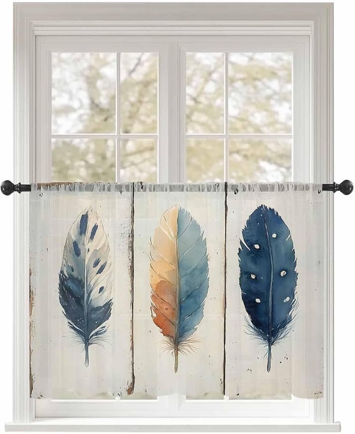 Sheer Curtains 45 Inch Length, Blue Brown Feathers Semi Sheer Curtains Light Filtering Window Treatment, Boho Ombre Vintage Wooden Grain Privacy Voile Drapes for Living Room Bedroom 52x45 Inch