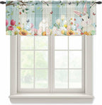 Easter Sheer Valances for Windows 60"x18", Light Filtering Kitchen Curtains Valance, Spring Watercolor Bunny Eggs Tulip Wooden Grain Rod Pocket Chiffon Curtains for Living Room Bedroom Cafe