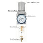 XingNEeng 1/4" NPT Compressed Air Filter Regulator Combo Piggyback, Water/Oil Trap Separator with Pressure Gauge(0-150 psi), Semi-Auto Drain, Poly Bowl, 5 Micron Brass Element, Metal Bracket