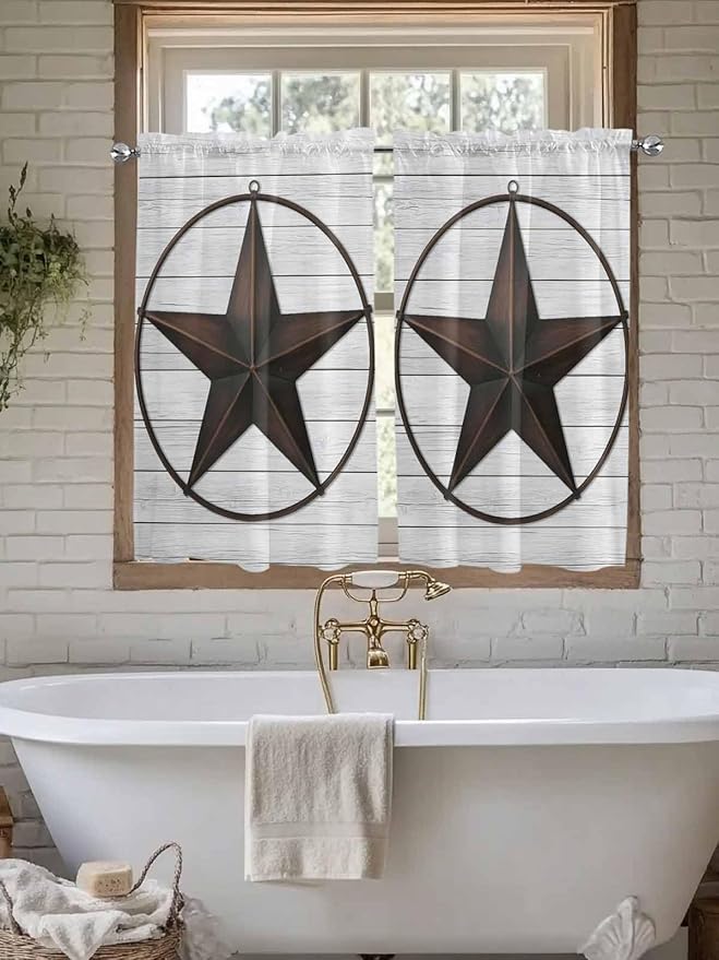 Vintage Farm Western Star Window Valance Curtains, White Wood Grain Light Filtering Kitchen Valance with 3-inch Rod Pocket for Living Room Bathroom Bedroom,2 Panel,52x54In