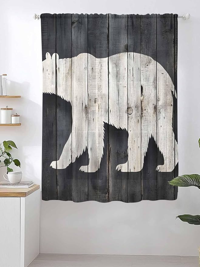 Sheer Curtains 72 Inches Long, White Brown Bear Semi Sheer Curtains Light Filtering Window Treatment, Rustic Counrty Vintage Wood Grain Privacy Voile Drapes for Living Room Bedroom 52x72 Inch