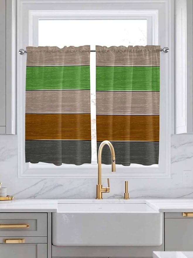 Farm Gray Green Brown Wood Grain Window Valance Curtains, Rustic Wooden Plank Light Filtering Kitchen Valance with 3-inch Rod Pocket for Living Room Bathroom Bedroom,2 Panel,27.5x45In